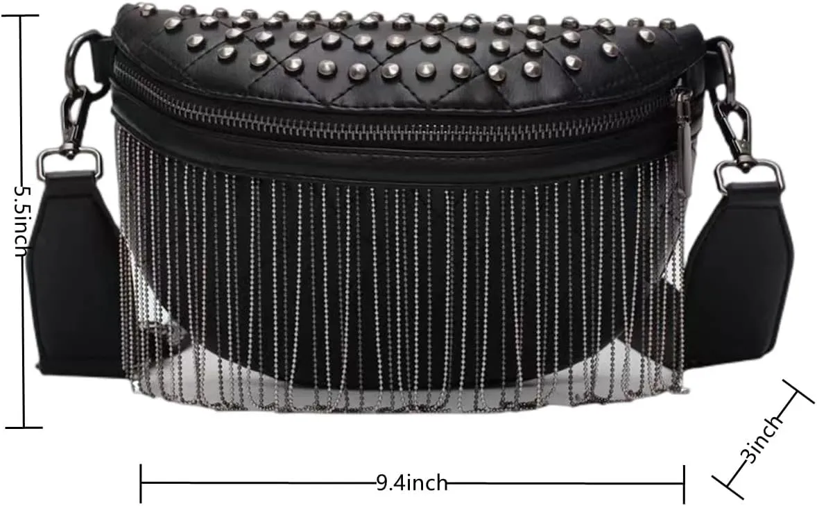 IAMUHI Women Vegan Leather Cross Chest Bag Rivets Fringed Shoulder Handbag Purse Waist Bag,Black