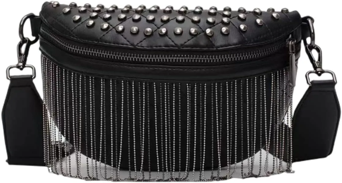 IAMUHI Women Vegan Leather Cross Chest Bag Rivets Fringed Shoulder Handbag Purse Waist Bag,Black