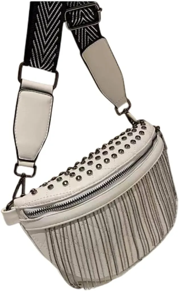 IAMUHI Women Vegan Leather Cross Chest Bag Rivets Fringed Shoulder Handbag Purse Waist Bag,White