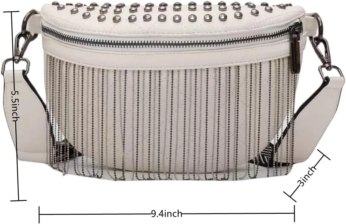 IAMUHI Women Vegan Leather Cross Chest Bag Rivets Fringed Shoulder Handbag Purse Waist Bag,White