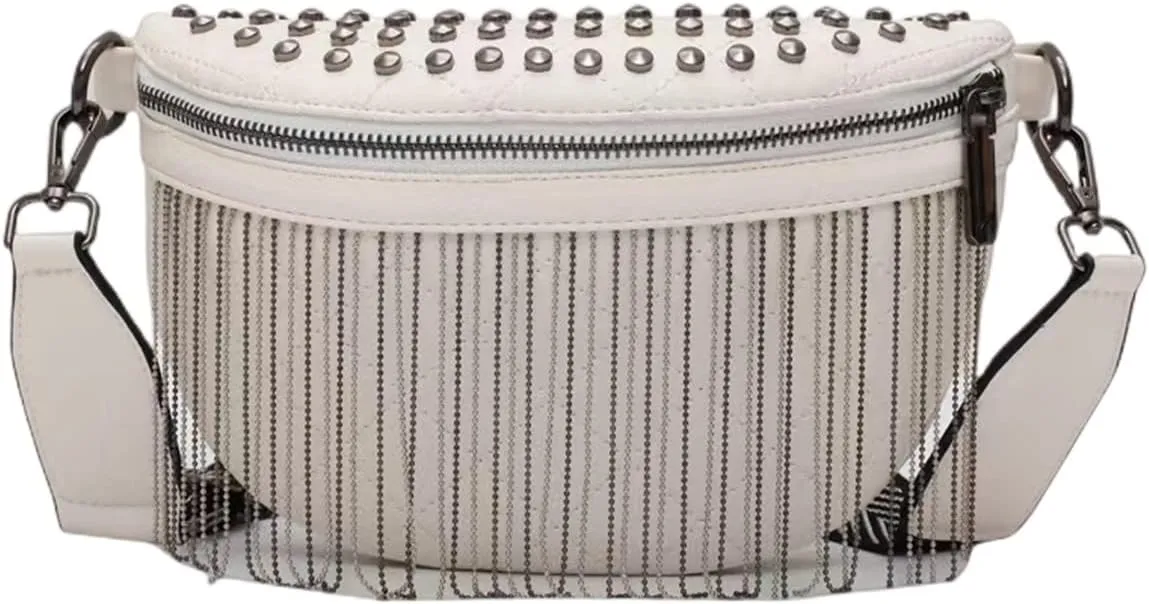 IAMUHI Women Vegan Leather Cross Chest Bag Rivets Fringed Shoulder Handbag Purse Waist Bag,White