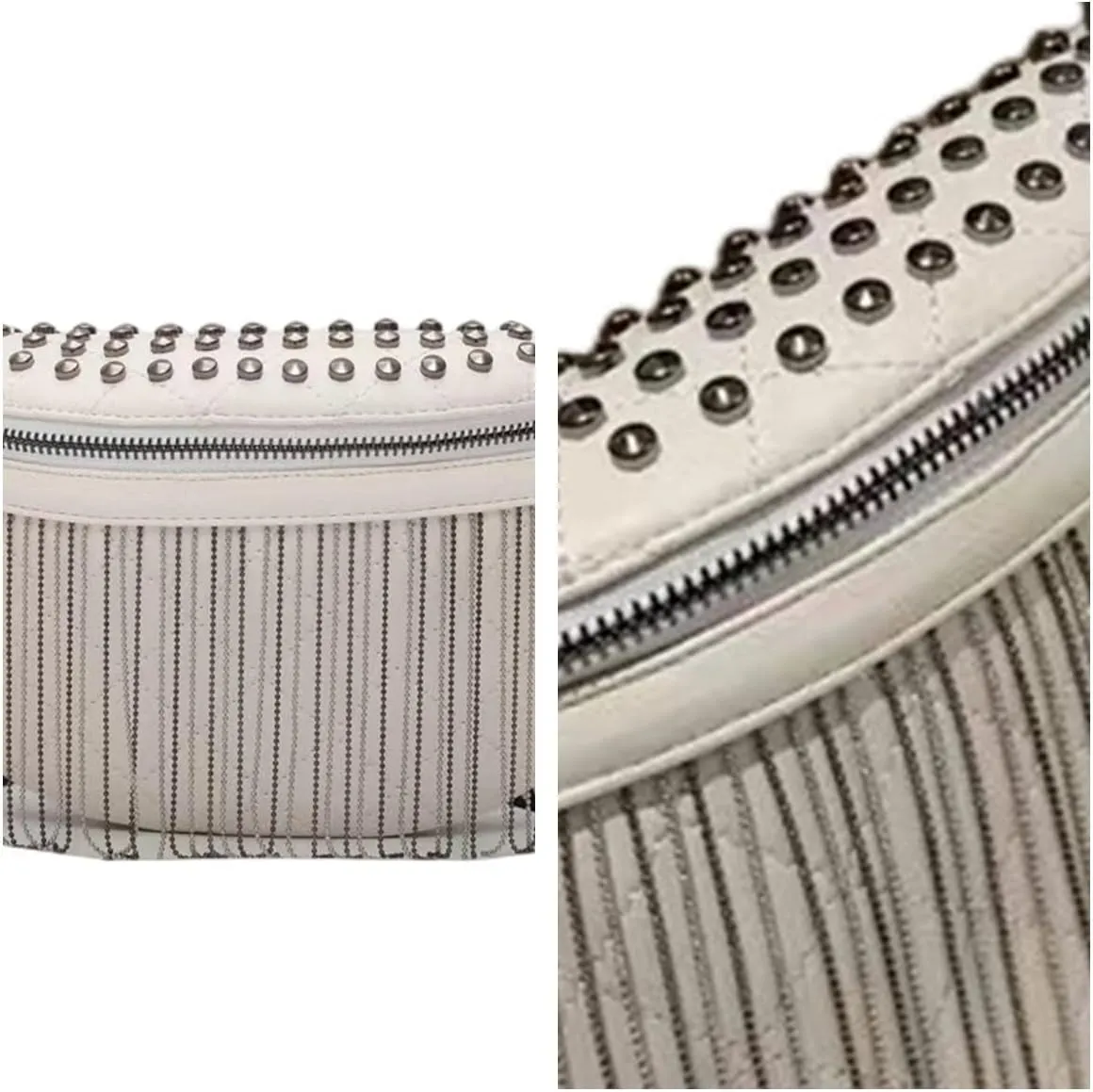 IAMUHI Women Vegan Leather Cross Chest Bag Rivets Fringed Shoulder Handbag Purse Waist Bag,White