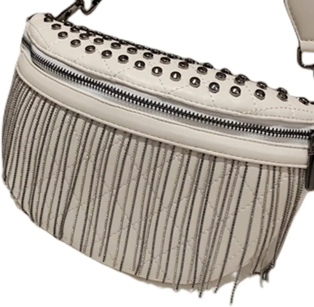 IAMUHI Women Vegan Leather Cross Chest Bag Rivets Fringed Shoulder Handbag Purse Waist Bag,White
