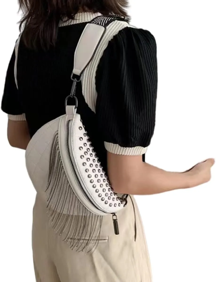 IAMUHI Women Vegan Leather Cross Chest Bag Rivets Fringed Shoulder Handbag Purse Waist Bag,White