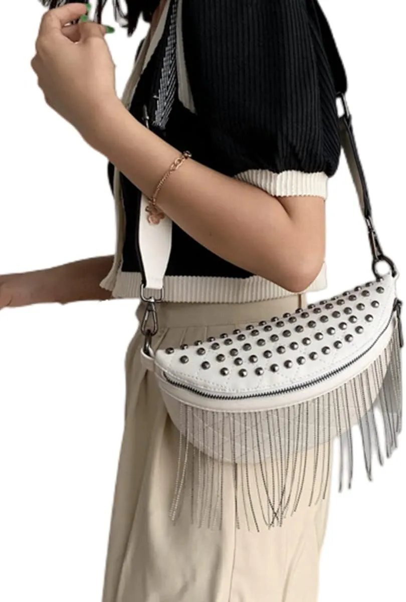 IAMUHI Women Vegan Leather Cross Chest Bag Rivets Fringed Shoulder Handbag Purse Waist Bag,White