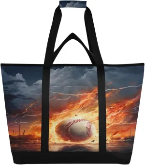 Ice Fire Baseball Reusable Insulated Lunchbox Cooler Bag, Leakproof Kitchen Grocery Bag Collapsible Portable Cooler Tote Bag for Picnic, Camping, Office, Travel