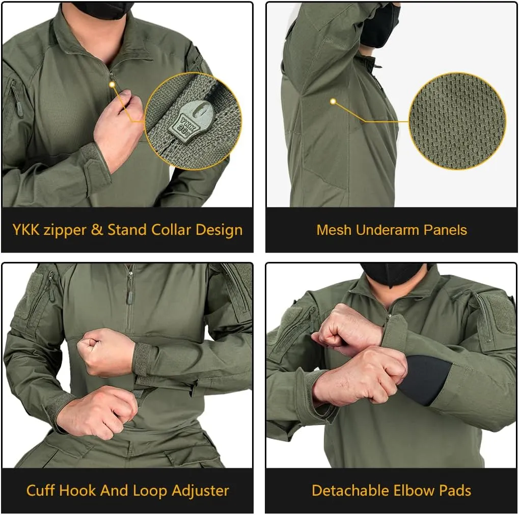 IDOGEAR Men’s Tactical Military Shirts 1/4 Zip Combat BDU Shirts Camo Long Sleeve With Pockets For Outdoor Airsoft Paintball