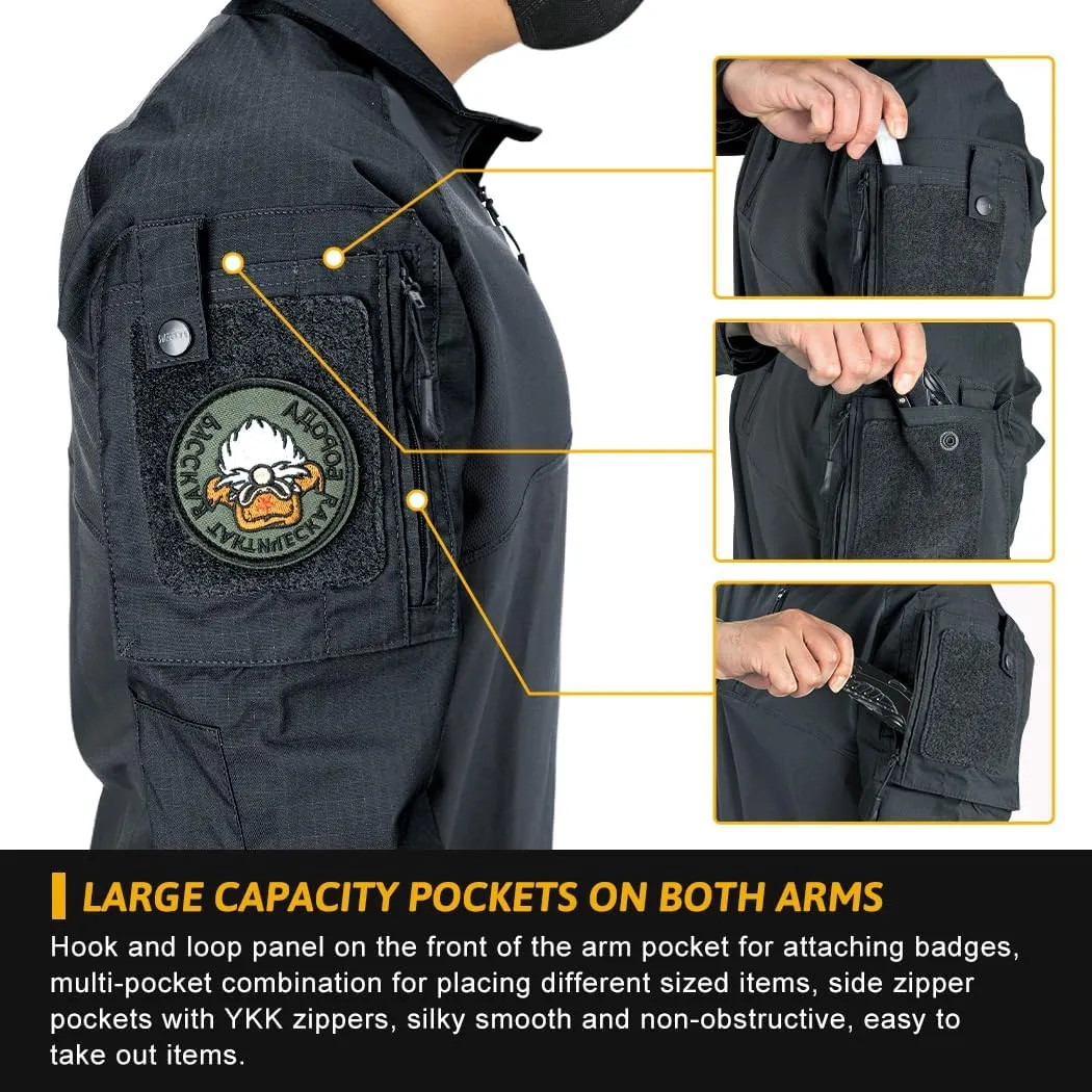 IDOGEAR Men’s Tactical Military Shirts 1/4 Zip Combat BDU Shirts Camo Long Sleeve With Pockets For Outdoor Airsoft Paintball