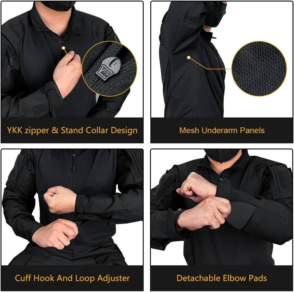 IDOGEAR Men’s Tactical Military Shirts 1/4 Zip Combat BDU Shirts Camo Long Sleeve With Pockets For Outdoor Airsoft Paintball