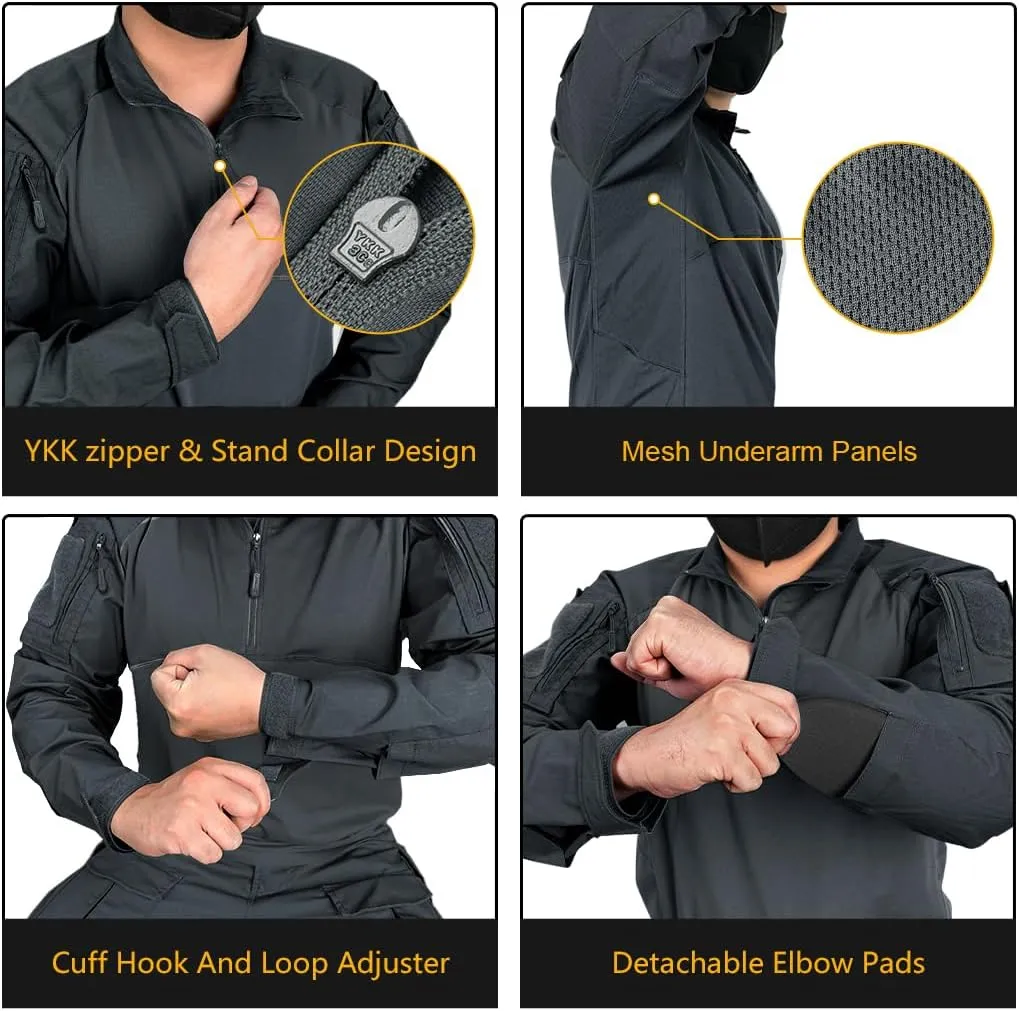 IDOGEAR Men’s Tactical Military Shirts 1/4 Zip Combat BDU Shirts Camo Long Sleeve With Pockets For Outdoor Airsoft Paintball