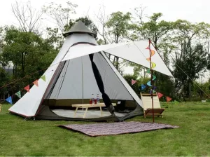 Indian Tent Outdoor Waterproof Double Layer Camping Tower Tent Family Camping Tent Yurt Teepee Tent for Outdoor Hiking 3-4 Person, White