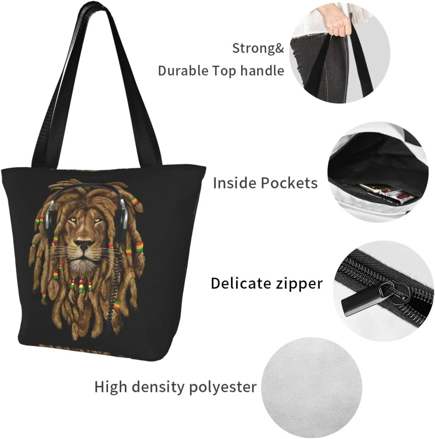 Jamaican Rasta Reggae Judah Lion Women's Tote Bag Shoulder Bag Shopping Handbag Large Capacity Handbag With Zipper