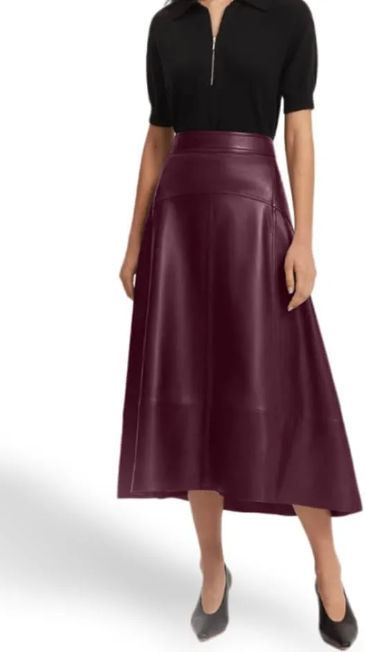 Jild Real Lambskin Leather Skirts for Women High Waist Classical Mid Length Going Out Skirt with Stylish Patchwork