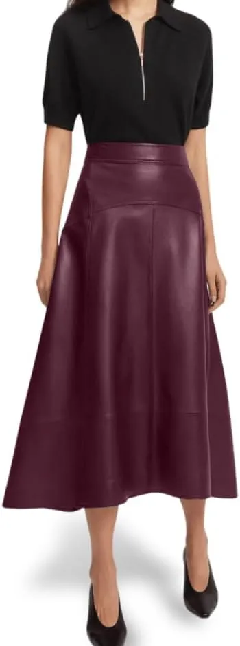 Jild Real Lambskin Leather Skirts for Women High Waist Classical Mid Length Going Out Skirt with Stylish Patchwork