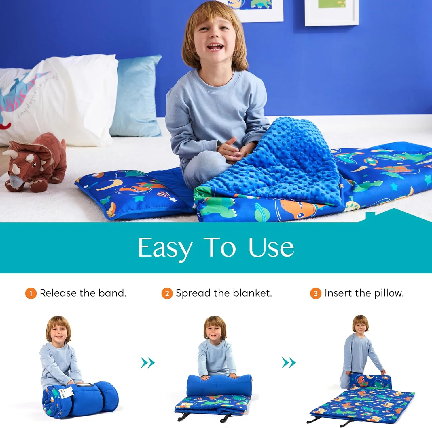 JOIEDOMI Toddler Nap Mat with Pillow & Blanket 55''*30'' for Kids Ages 3-7 Years Roll Up Nap Mat for Preschool Soft Kids Sleeping Bag for Boys Girls Kindergarten Daycare Sleepover