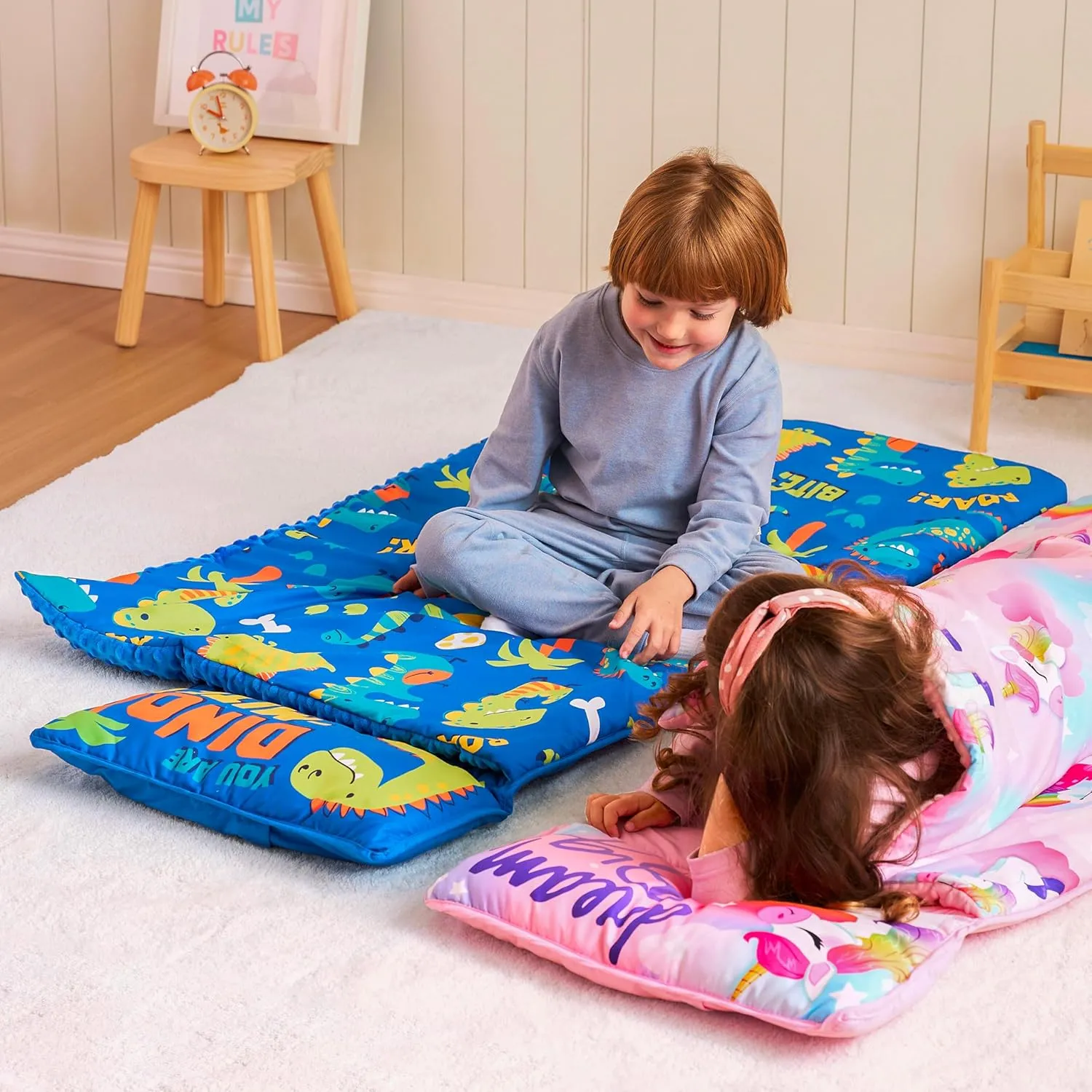 JOIEDOMI Toddler Nap Mat with Pillow & Blanket 55''*30'' for Kids Ages 3-7 Years Roll Up Nap Mat for Preschool Soft Kids Sleeping Bag for Boys Girls Kindergarten Daycare Sleepover