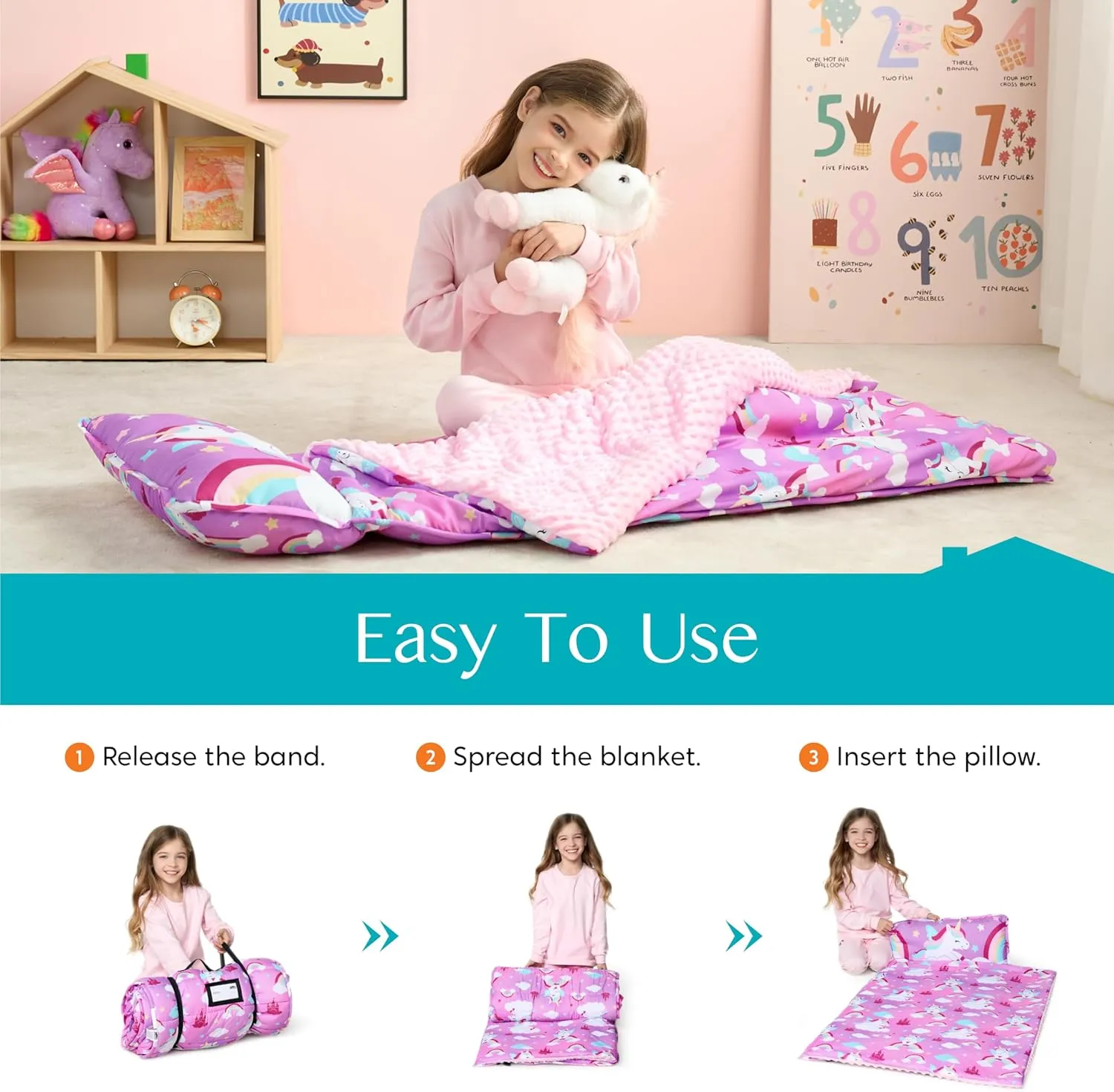 JOIEDOMI Toddler Nap Mat with Pillow & Blanket 55''*30'' for Kids Ages 3-7 Years Roll Up Nap Mat for Preschool Soft Kids Sleeping Bag for Boys Girls Kindergarten Daycare Sleepover