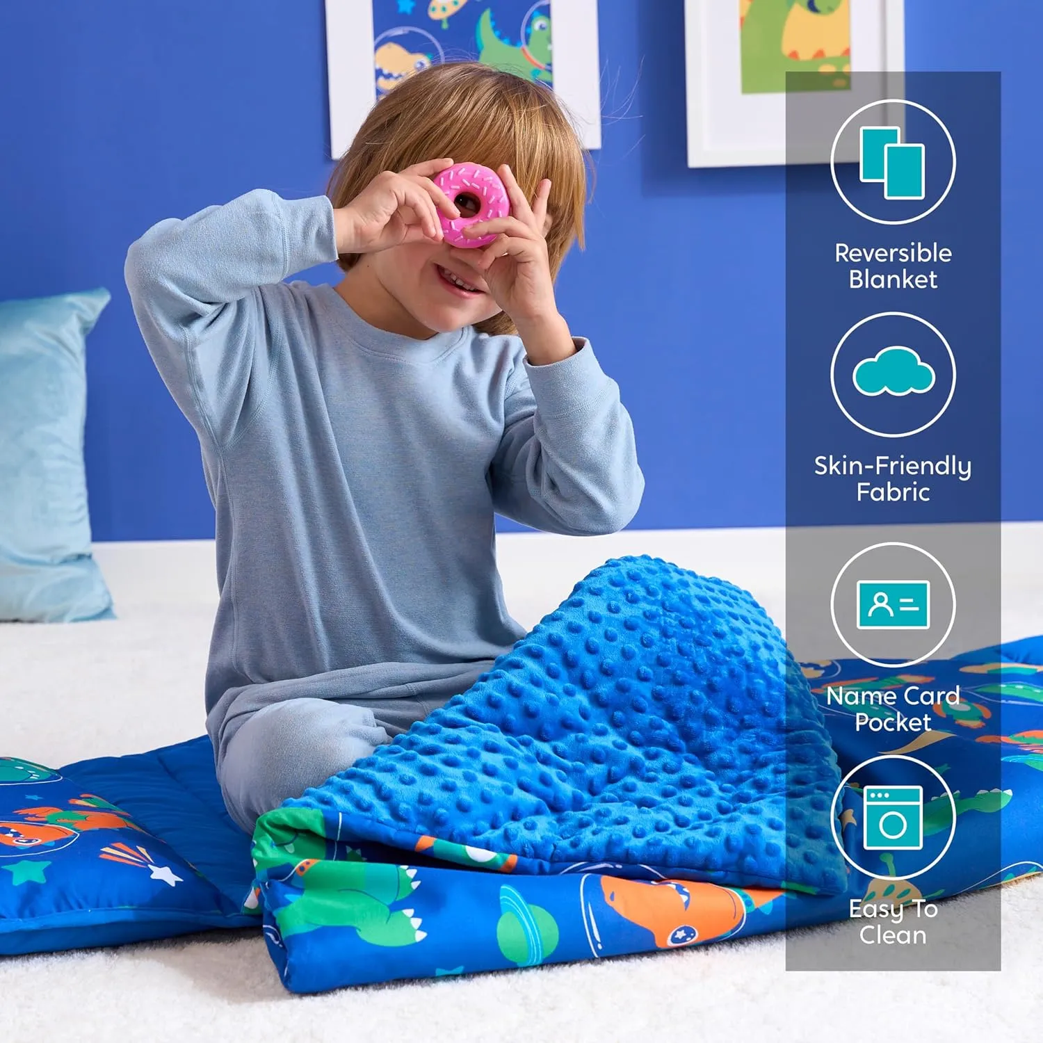 JOIEDOMI Toddler Nap Mat with Pillow & Blanket 55''*30'' for Kids Ages 3-7 Years Roll Up Nap Mat for Preschool Soft Kids Sleeping Bag for Boys Girls Kindergarten Daycare Sleepover