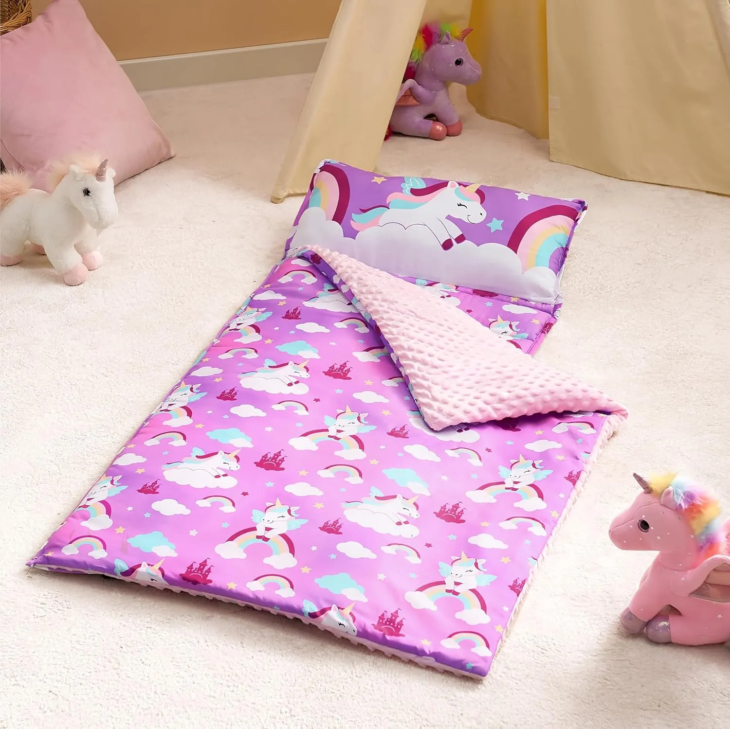 JOIEDOMI Toddler Nap Mat with Pillow & Blanket 55''*30'' for Kids Ages 3-7 Years Roll Up Nap Mat for Preschool Soft Kids Sleeping Bag for Boys Girls Kindergarten Daycare Sleepover