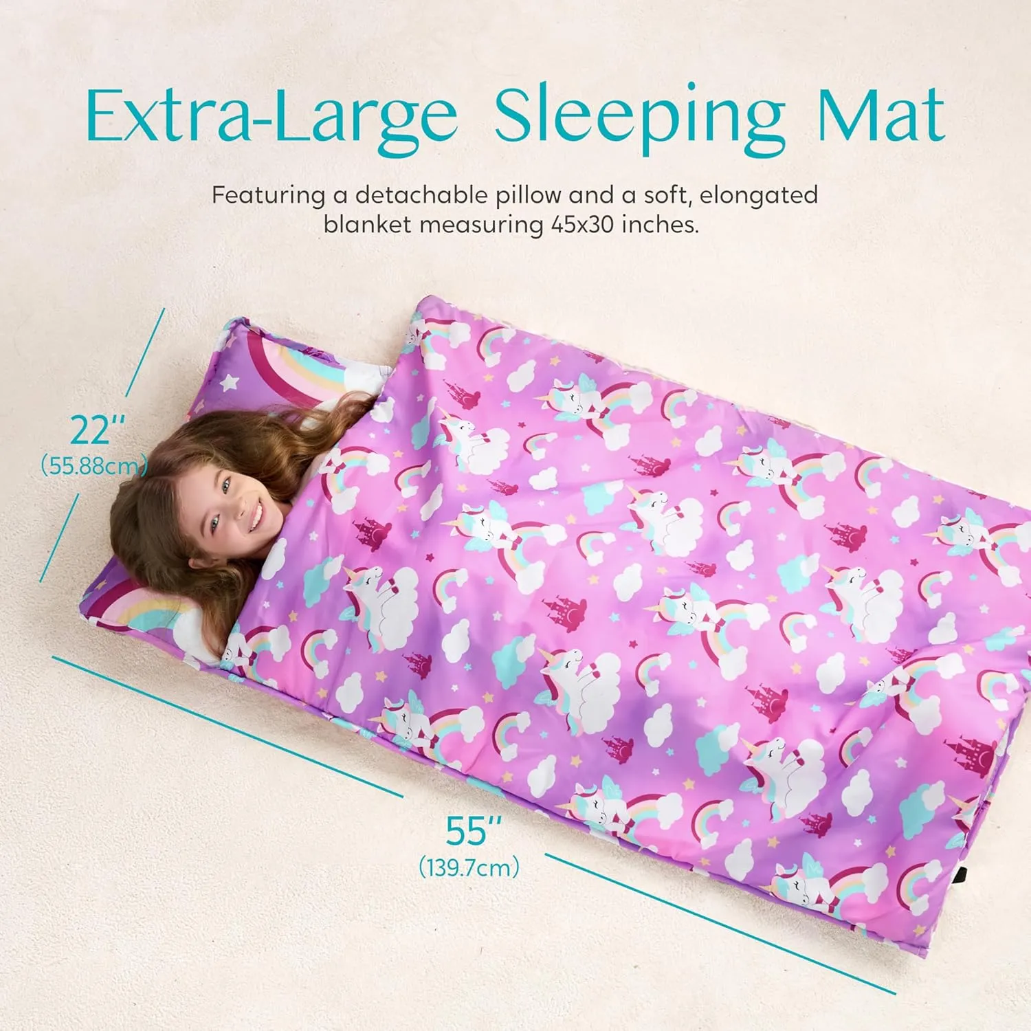 JOIEDOMI Toddler Nap Mat with Pillow & Blanket 55''*30'' for Kids Ages 3-7 Years Roll Up Nap Mat for Preschool Soft Kids Sleeping Bag for Boys Girls Kindergarten Daycare Sleepover