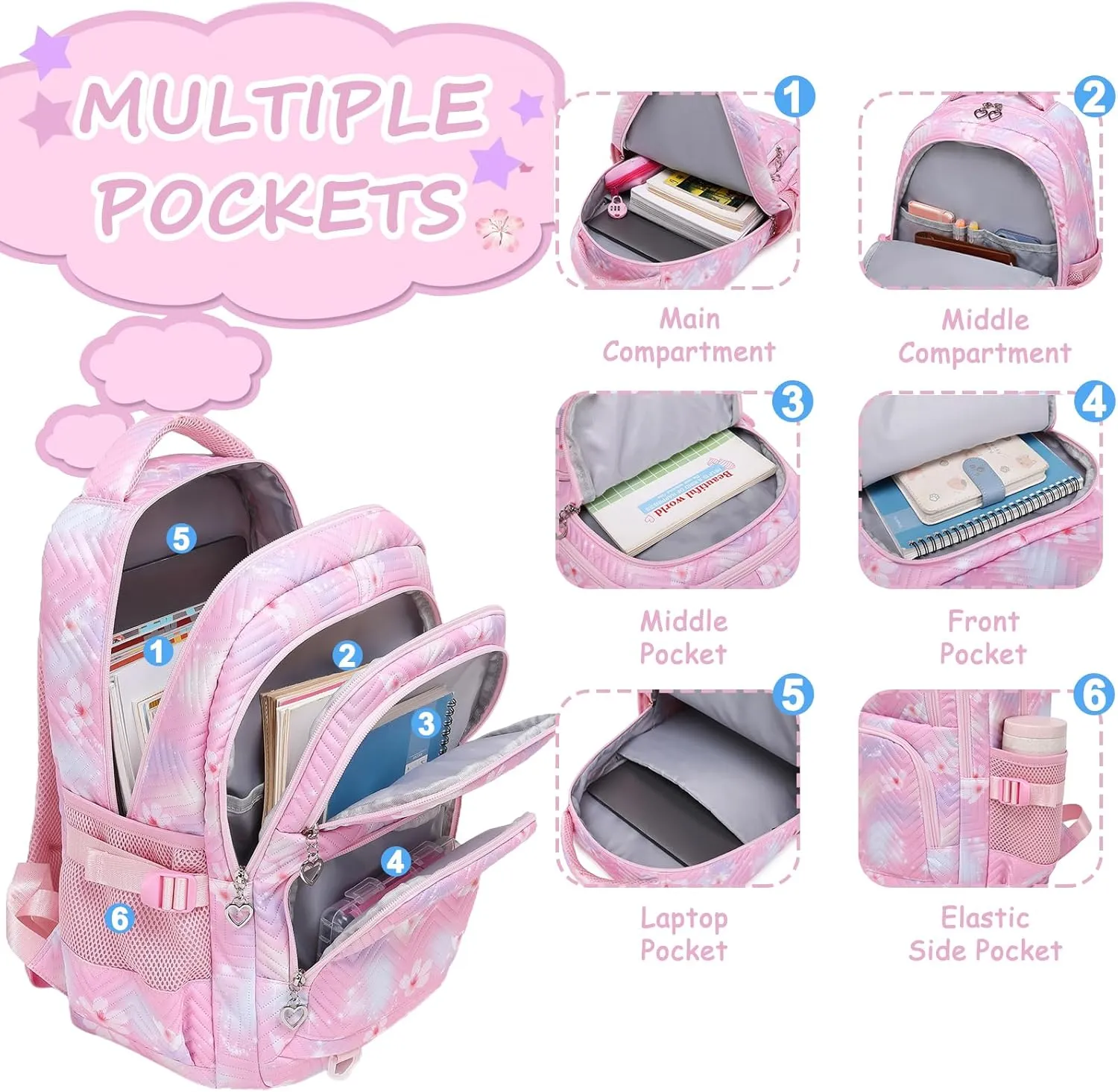 Joyfulife Daisy Print Backpack for Girls Lightweight Water Resistant Elementary Primary School Bags Teen Girls Bookbag Travel Daypack