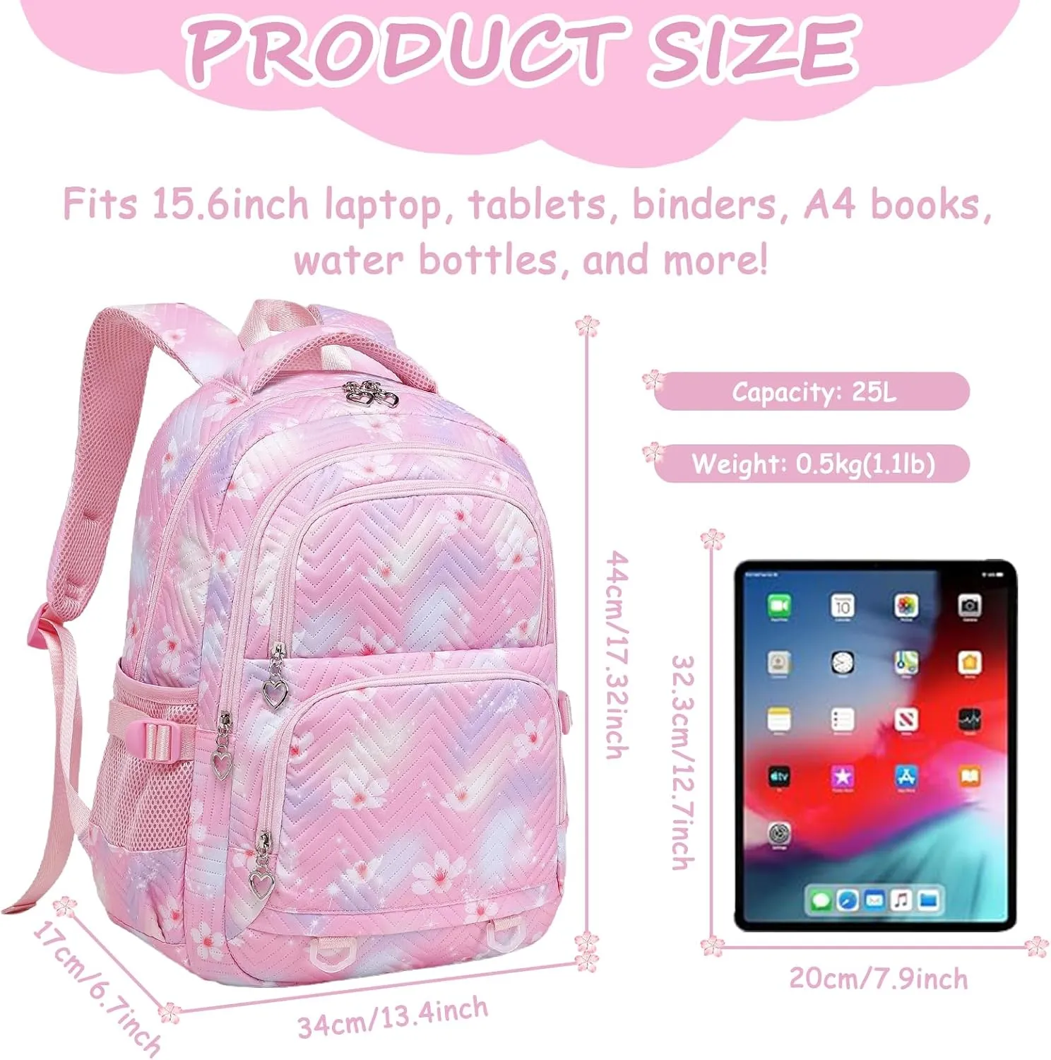 Joyfulife Daisy Print Backpack for Girls Lightweight Water Resistant Elementary Primary School Bags Teen Girls Bookbag Travel Daypack