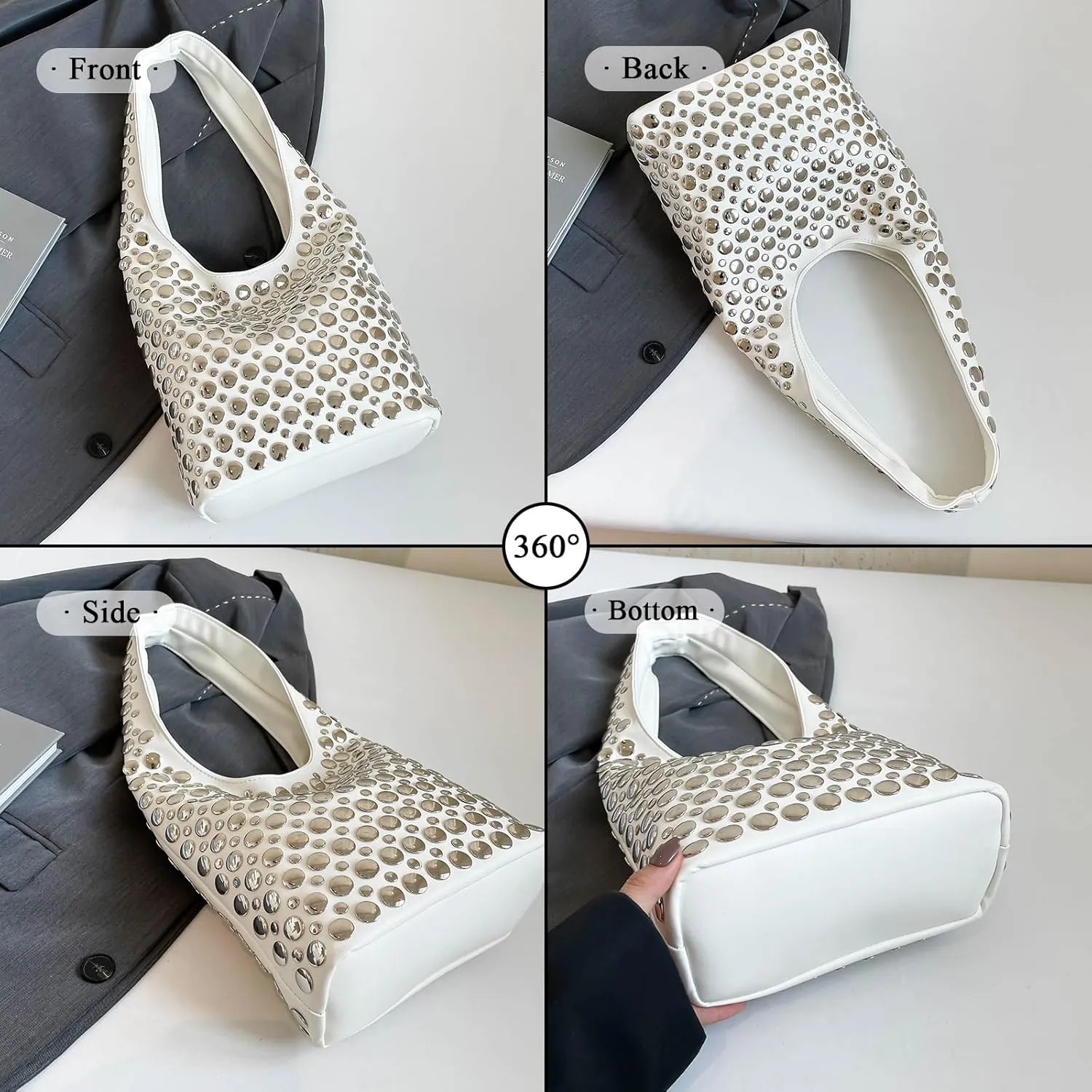 JQAliMOVV Studded Purses for Women Vegan Leather Tote Bag 90s Y2K Punk Purse Stud Shoulder Handbags