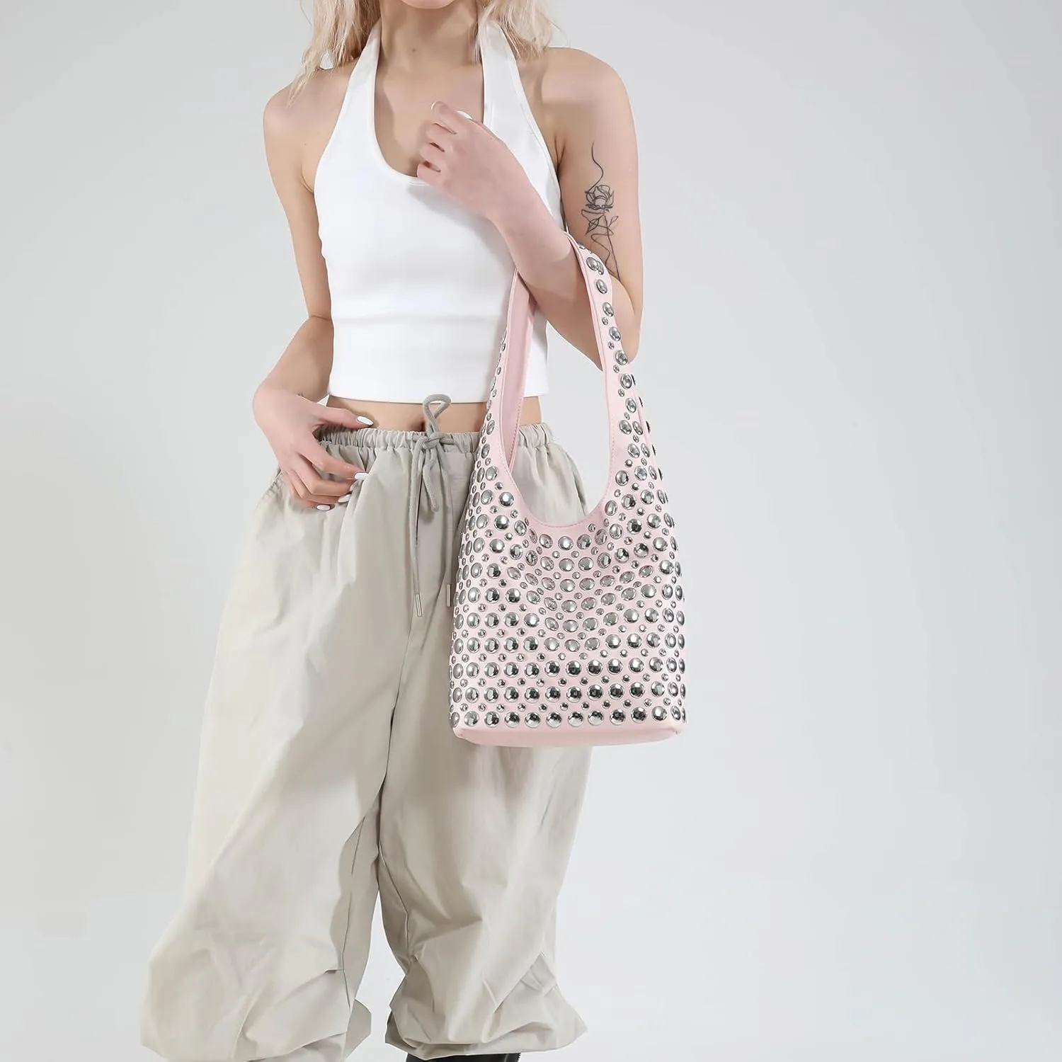 JQAliMOVV Studded Purses for Women Vegan Leather Tote Bag 90s Y2K Punk Purse Stud Shoulder Handbags