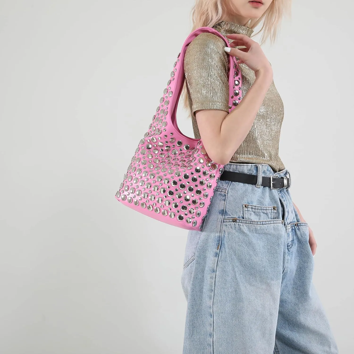 JQAliMOVV Studded Purses for Women Vegan Leather Tote Bag 90s Y2K Punk Purse Stud Shoulder Handbags