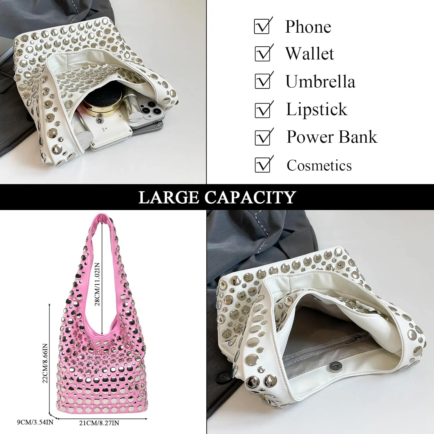 JQAliMOVV Studded Purses for Women Vegan Leather Tote Bag 90s Y2K Punk Purse Stud Shoulder Handbags