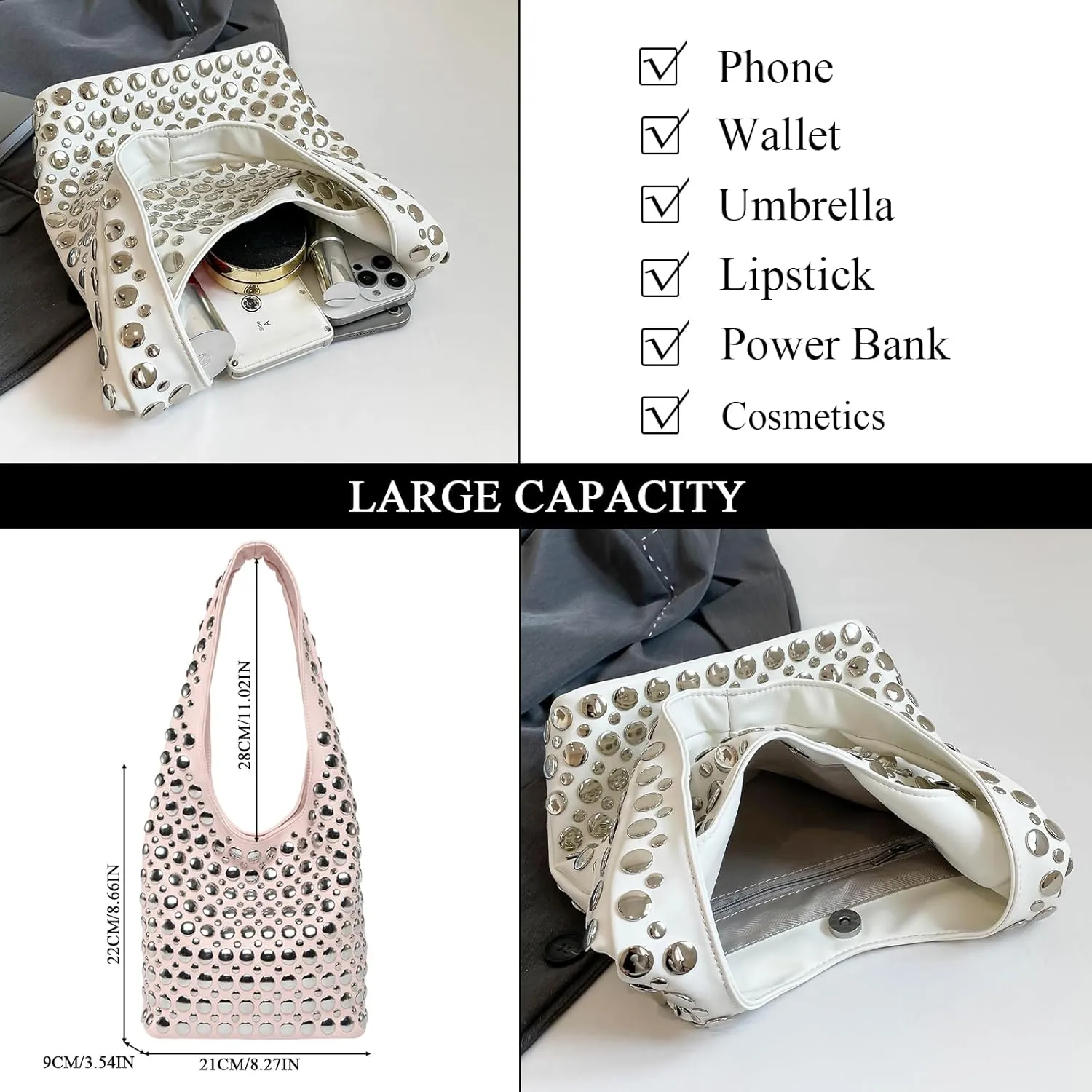 JQAliMOVV Studded Purses for Women Vegan Leather Tote Bag 90s Y2K Punk Purse Stud Shoulder Handbags