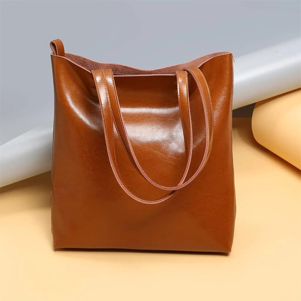 JSEIAJB Leather Women's Bag Women's Bag Tote Bag Large Capacity Portable Shopping Bag