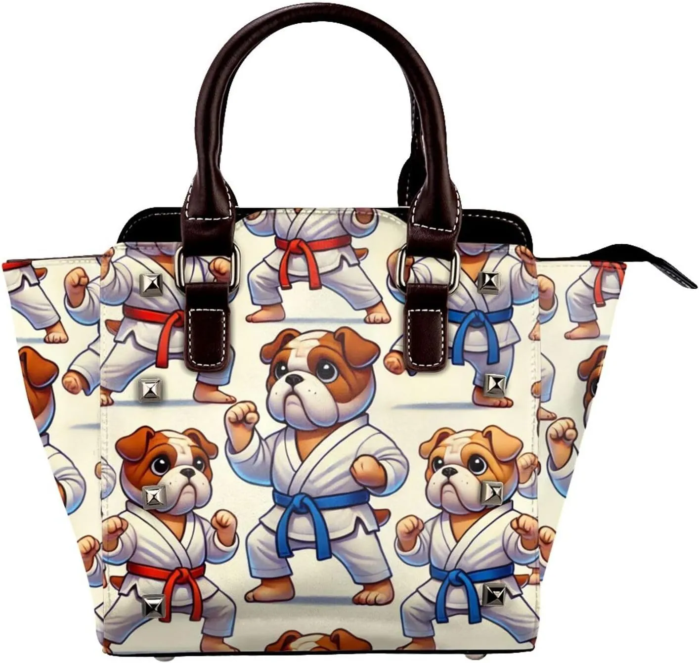 Judo-Bulldogs Pu Leather Crossbody Studded Bag, Fashionable Shoulder Handbag With Detachable Shoulder Strap