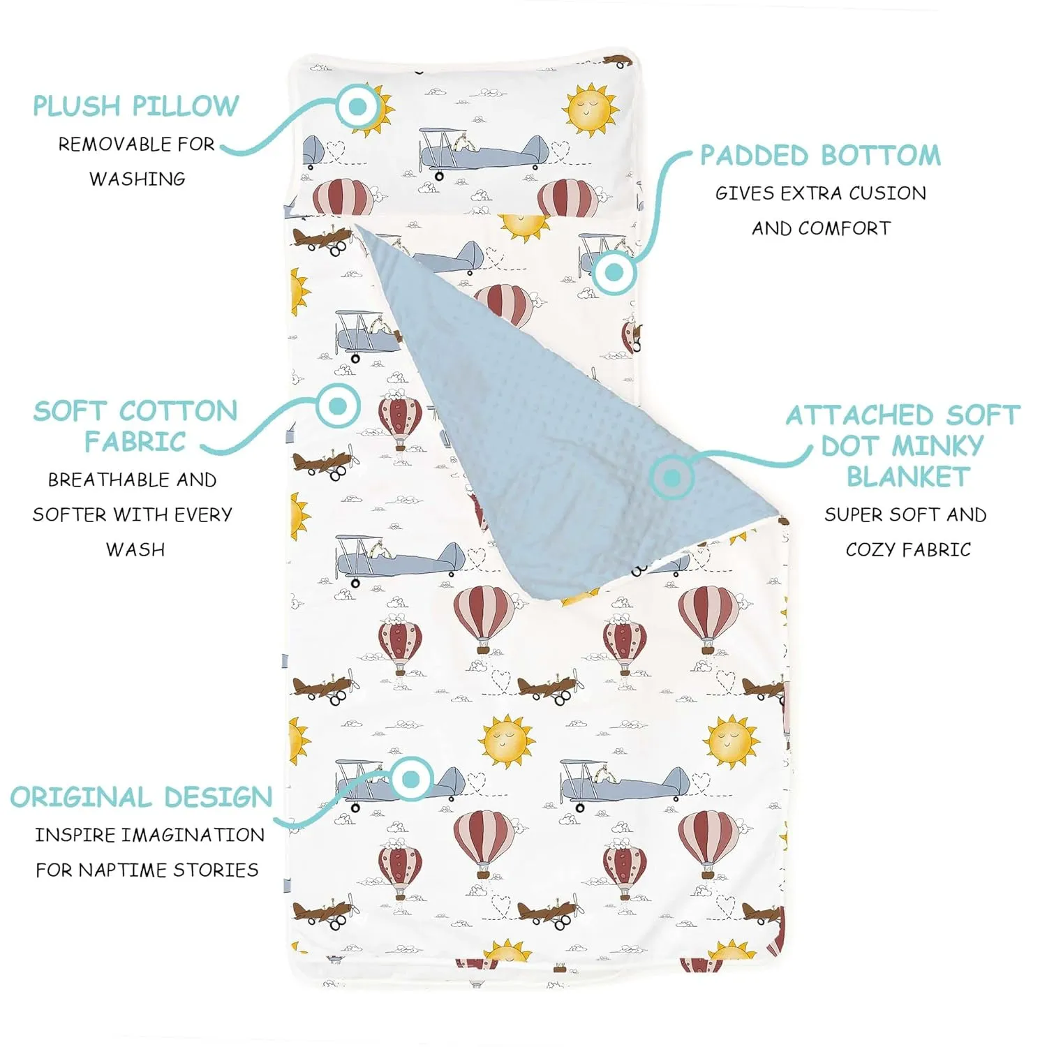 JumpOff Jo - Extra Long Toddler Nap Mat for Preschool, Daycare and Kindergarten - Sleeping Bag for Kids with Removable Pillow and Ultra Soft Blanket - Travel, Take Flight