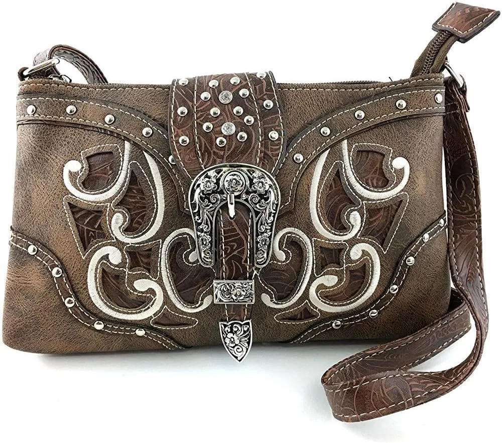 Justin West Floral Leather Turquoise Concho Rhinestone Messenger Bag Crossbody