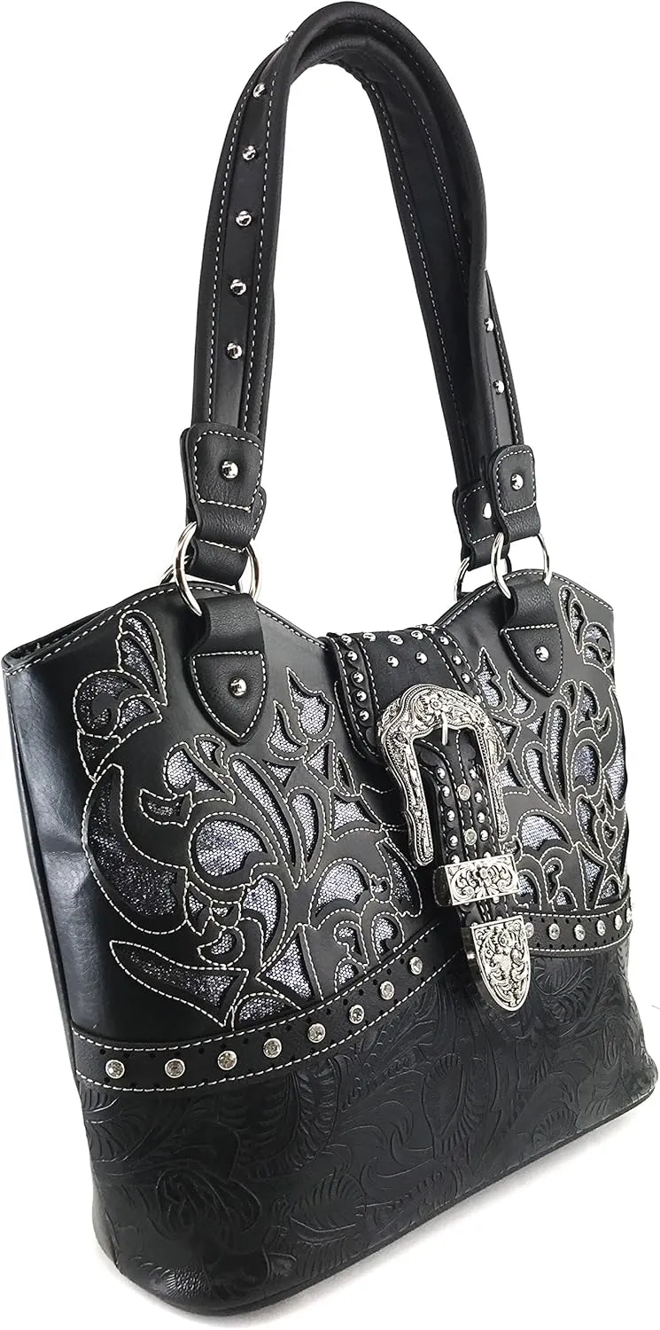 Justin West Gleaming Laser Cut Rhinestone Buckle Studded Concealed Carry Handbag Purse
