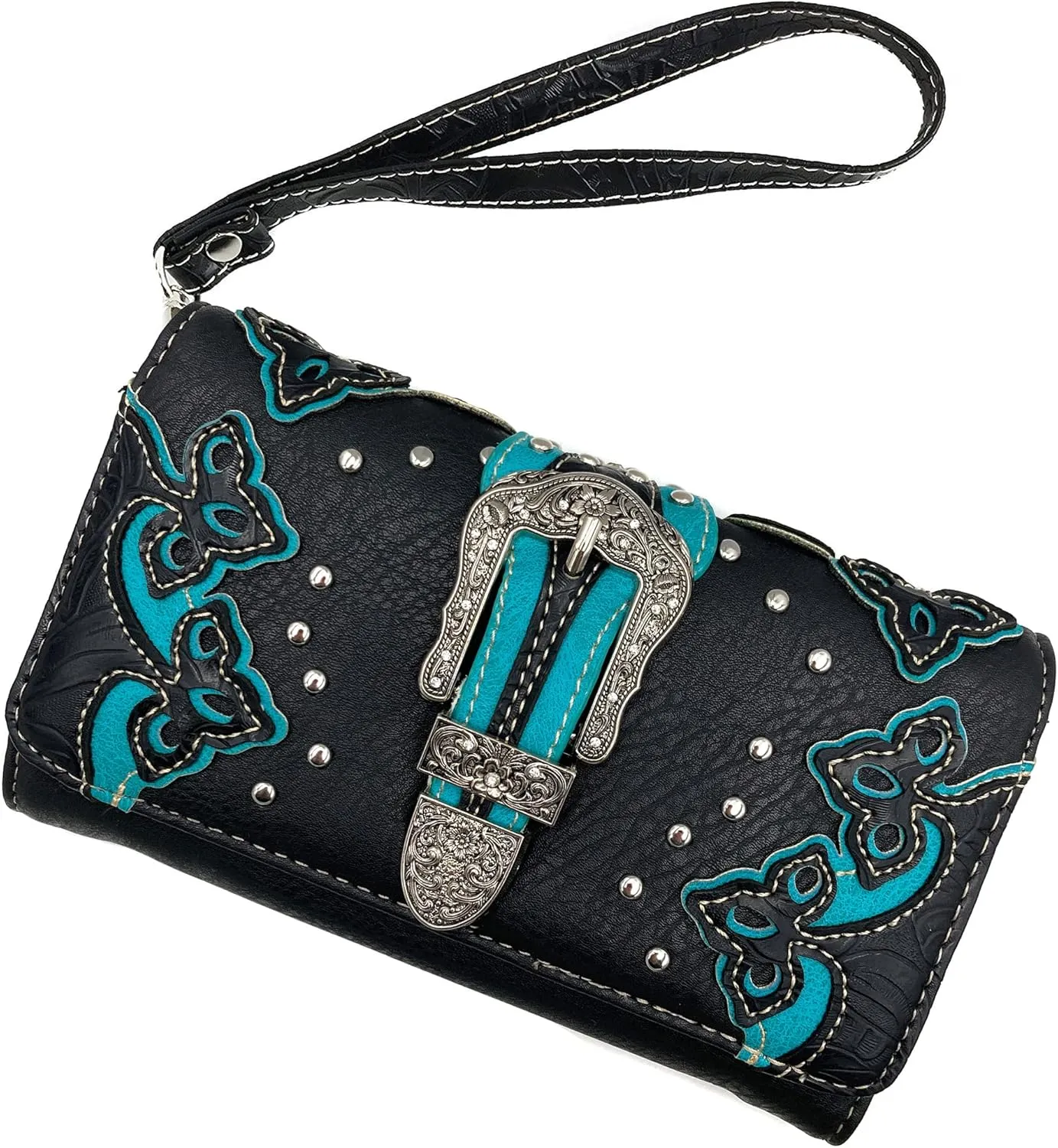 Justin West Silver Rhinestone Buckle Studded Tooled Leather Laser Cut Wristlet Trifold Wallet Attachable Long Strap