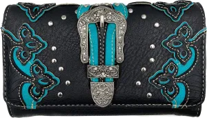 Justin West Silver Rhinestone Buckle Studded Tooled Leather Laser Cut Wristlet Trifold Wallet Attachable Long Strap