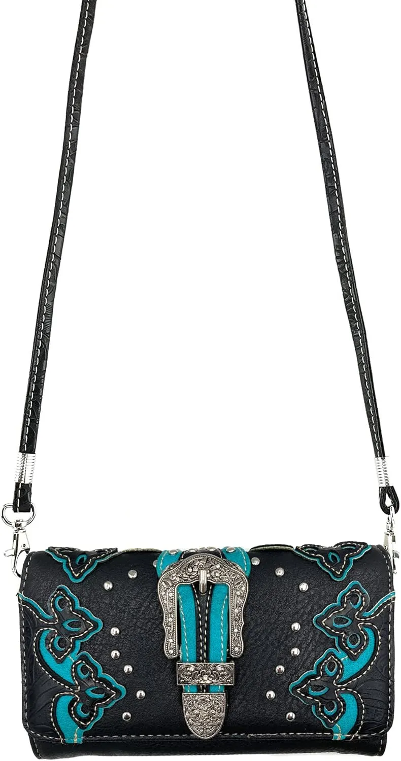Justin West Silver Rhinestone Buckle Studded Tooled Leather Laser Cut Wristlet Trifold Wallet Attachable Long Strap