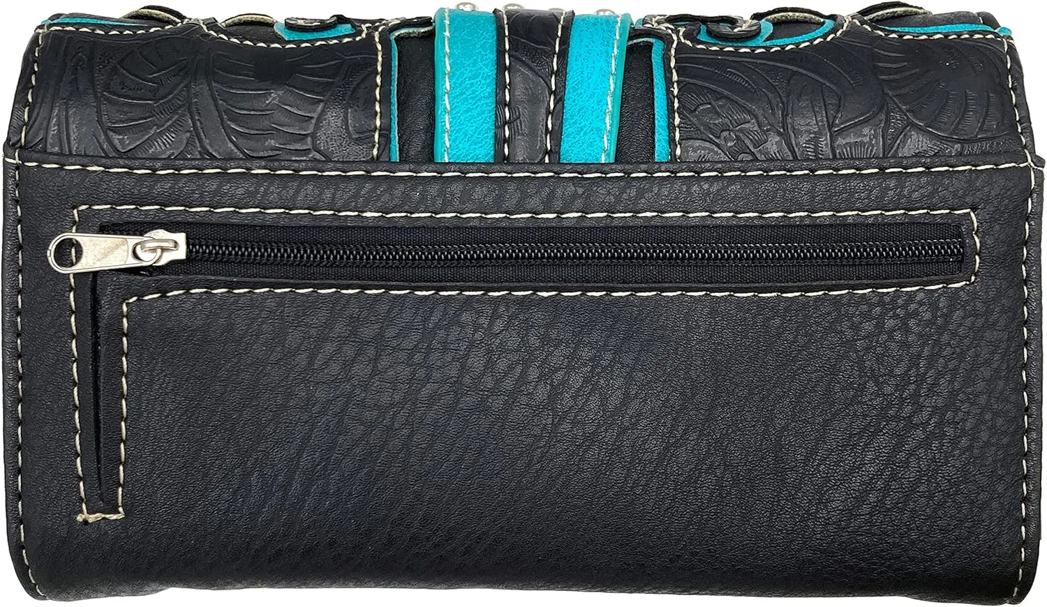 Justin West Silver Rhinestone Buckle Studded Tooled Leather Laser Cut Wristlet Trifold Wallet Attachable Long Strap