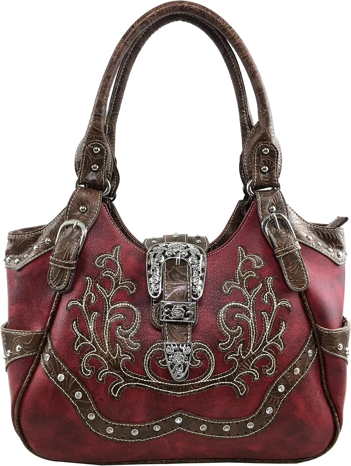 Justin West Tooled Floral Embroidery Buckle Studded Concealed Carry Tote Purse