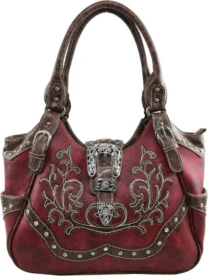 Justin West Tooled Floral Embroidery Buckle Studded Concealed Carry Tote Purse