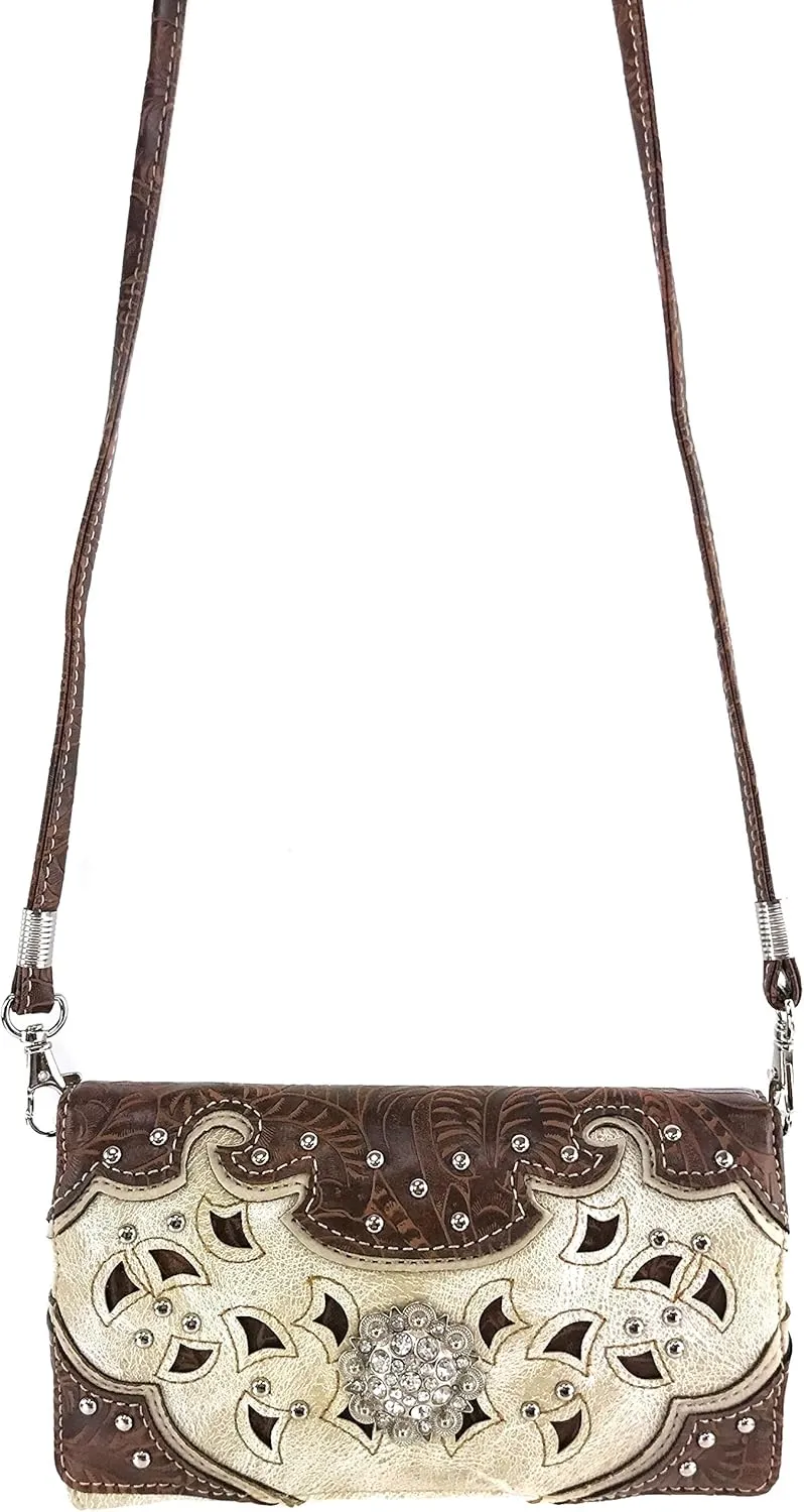 Justin West Tooled Leather Laser Cut Rhinestone Concho Studded Shoulder Concealed Carry Tote Style Handbag Purse Wallet