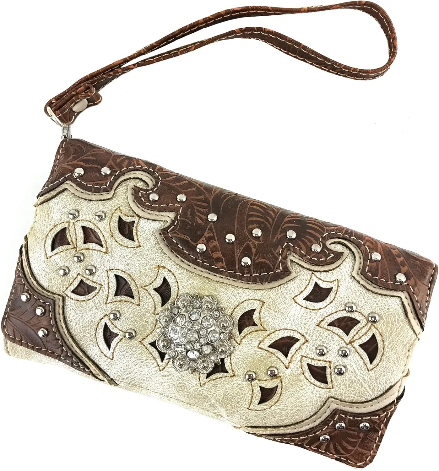 Justin West Tooled Leather Laser Cut Rhinestone Concho Studded Shoulder Concealed Carry Tote Style Handbag Purse Wallet