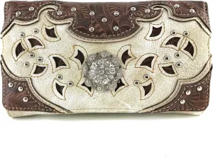 Justin West Tooled Leather Laser Cut Rhinestone Concho Studded Shoulder Concealed Carry Tote Style Handbag Purse Wallet