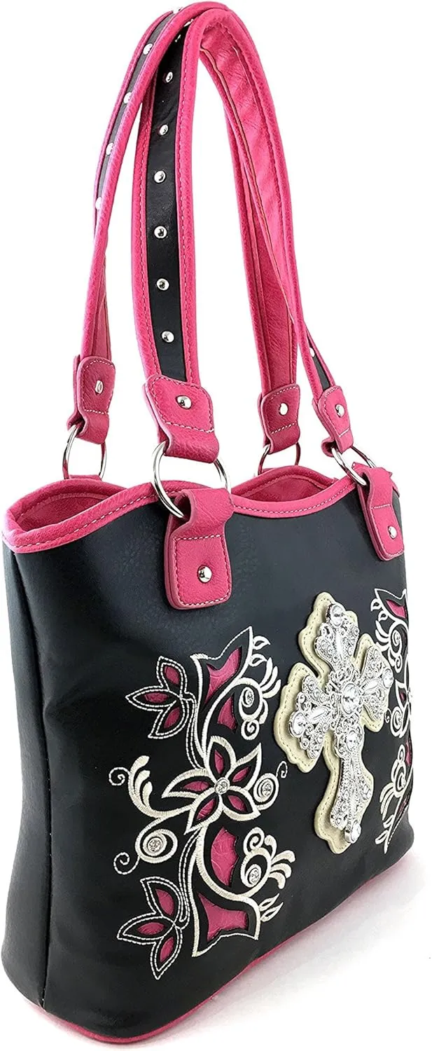 Justin West Tooled Leather Laser Cut Rhinestone Cross Studded Shoulder Concealed Carry Tote Style Handbag Purse
