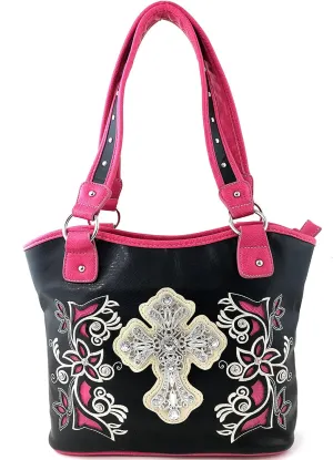 Justin West Tooled Leather Laser Cut Rhinestone Cross Studded Shoulder Concealed Carry Tote Style Handbag Purse