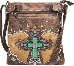 Justin West Tooled Leather Laser Cut Turquoise Rhinestone Cross Concho Studded Messenger Handbag with CrossBody Strap