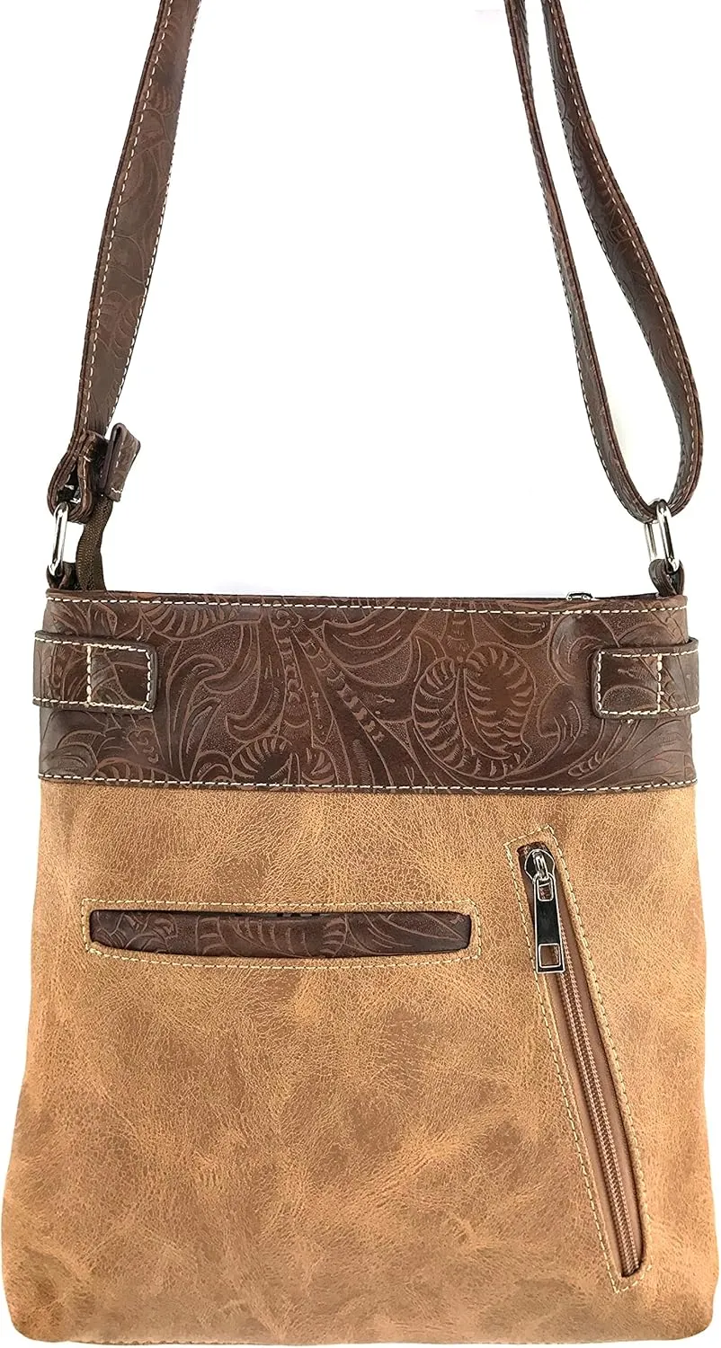 Justin West Tooled Leather Laser Cut Turquoise Rhinestone Cross Concho Studded Messenger Handbag with CrossBody Strap