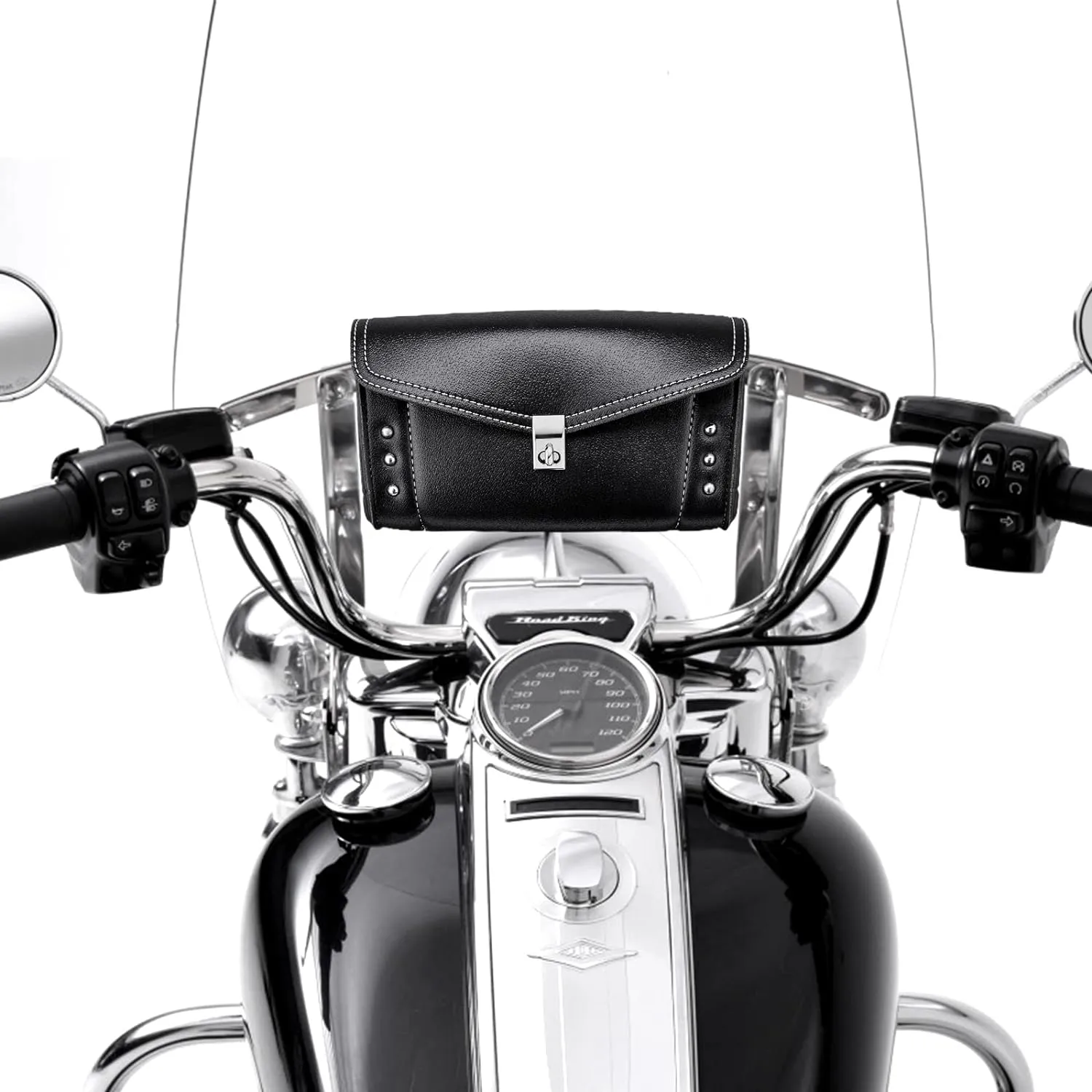 KEMIMOTO Motorcycle Windshield Bag Windscreen Studded Pouch Compatible With Road King 1995-2019 2020 2021 2022 2023 2024 Softail Storage Tool